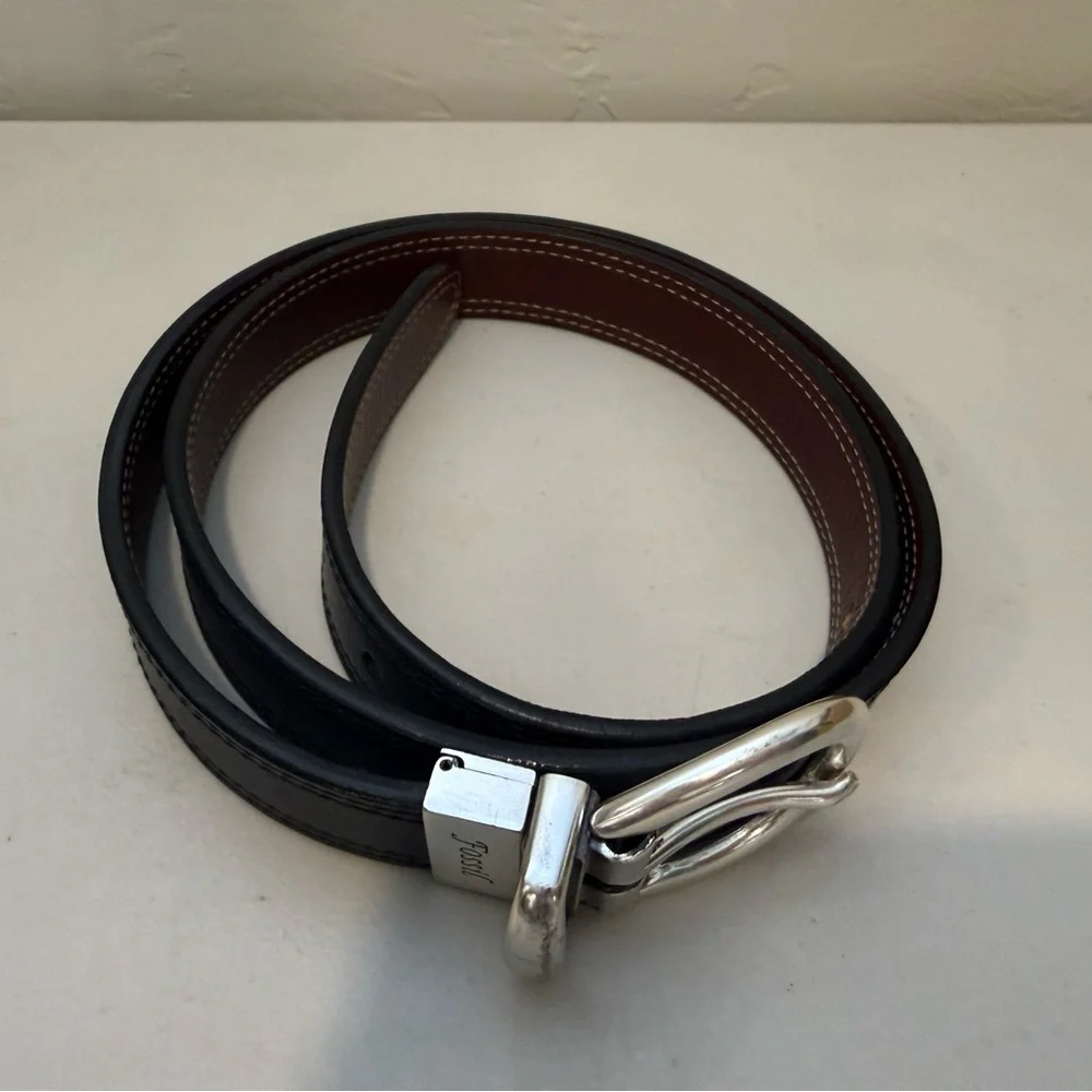 Fossil Men/Women Reversible Black Brown Leather Silver Metal Buckle 1